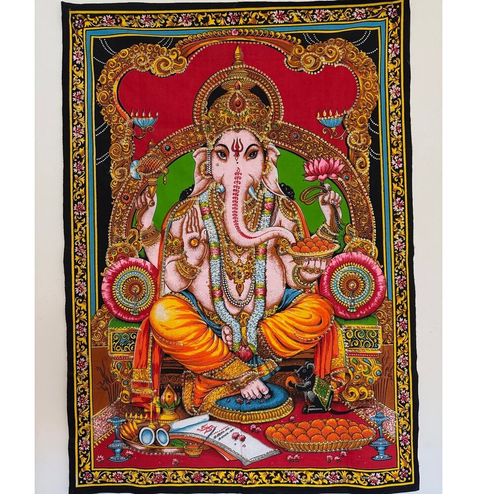 Ganesha Tapestry Hindu God Wall Hanging Boho Batik Sequin 42x30" India Decor